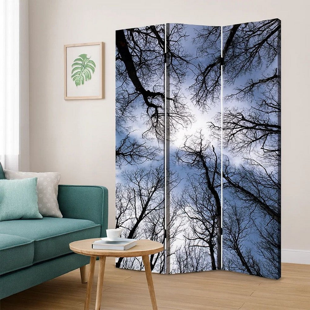 3 Panel Foldable Canvas Screen with Tree Print, Black - BM26561