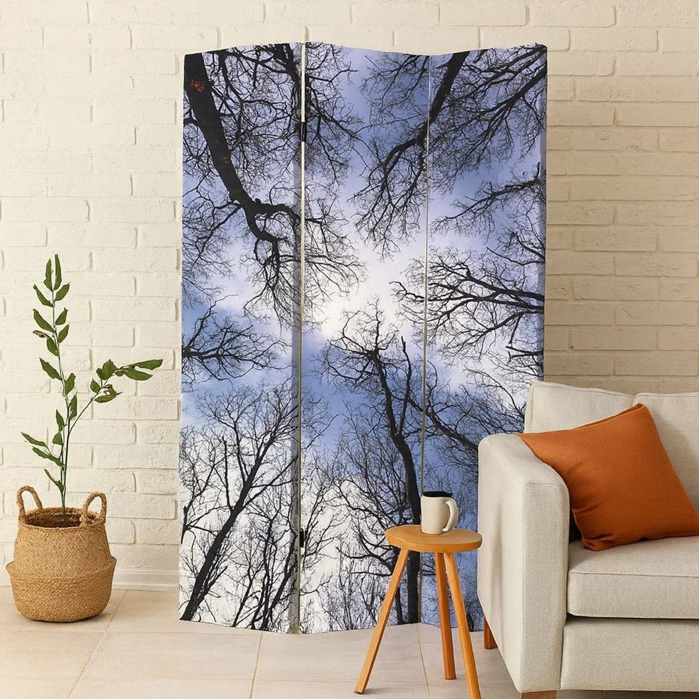 3 Panel Foldable Canvas Screen with Tree Print, Black - BM26561