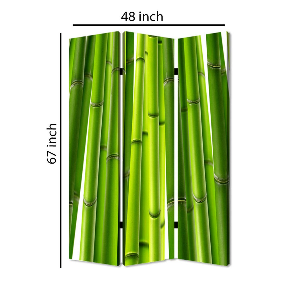 3 Panel Foldable Room Divider with Bamboo Design Print, Green - BM26562