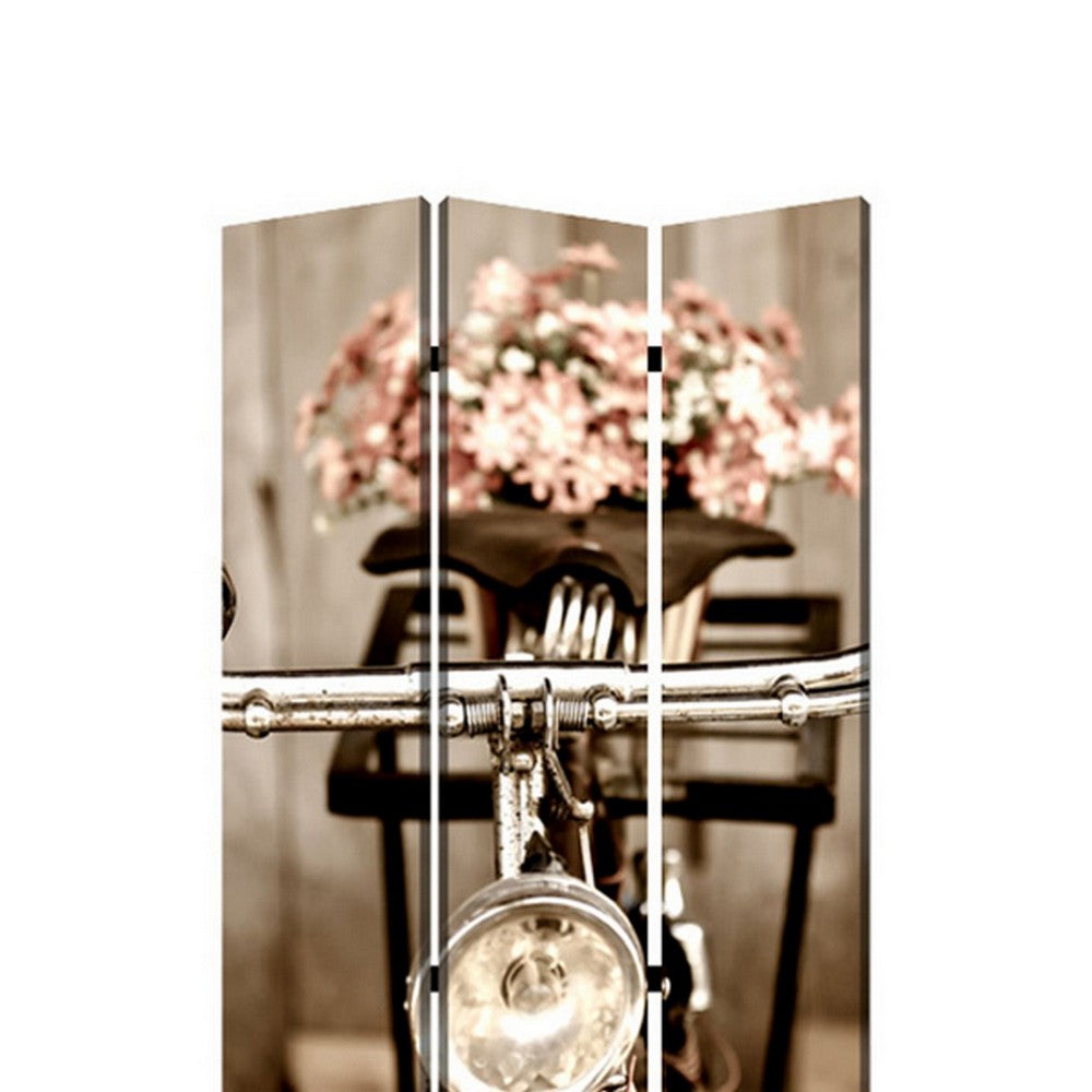3 Panel Flowers and Cycle Print Foldable Room Divider, Pink and Brown - BM26563