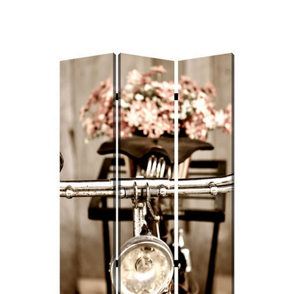 3 Panel Flowers and Cycle Print Foldable Room Divider, Pink and Brown - BM26563