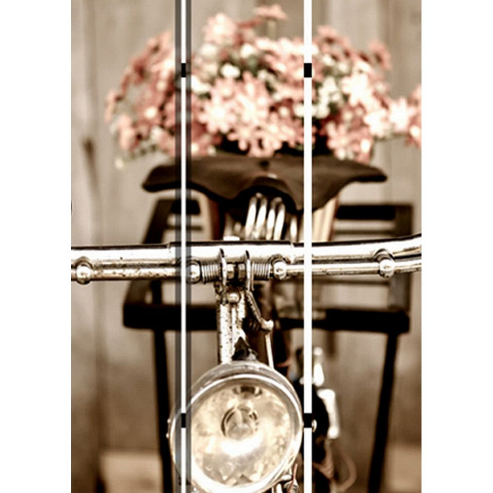 3 Panel Flowers and Cycle Print Foldable Room Divider, Pink and Brown - BM26563