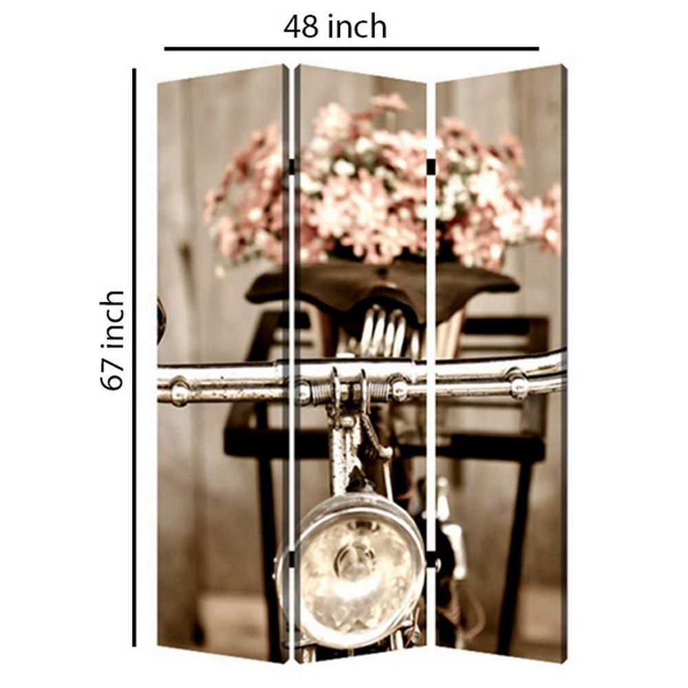 3 Panel Flowers and Cycle Print Foldable Room Divider, Pink and Brown - BM26563