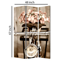 3 Panel Flowers and Cycle Print Foldable Room Divider, Pink and Brown - BM26563