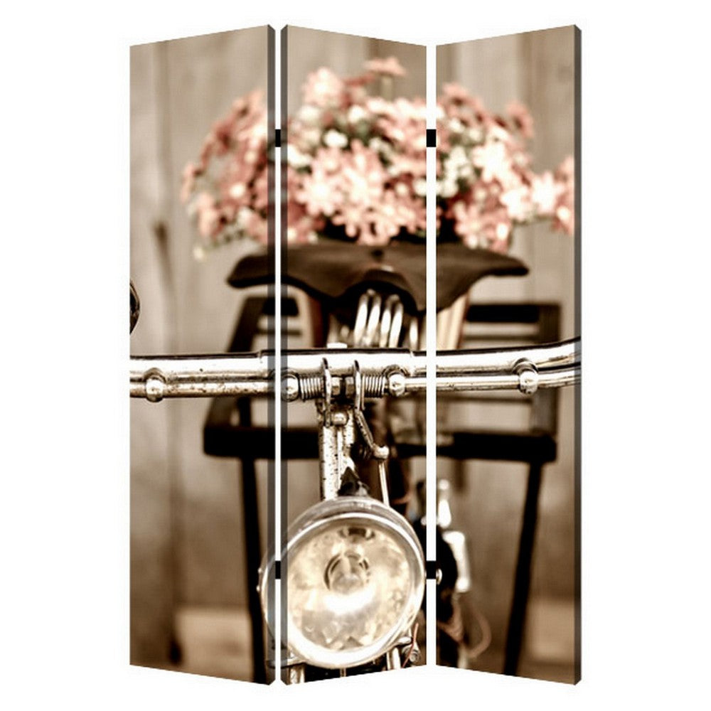 3 Panel Flowers and Cycle Print Foldable Room Divider, Pink and Brown - BM26563
