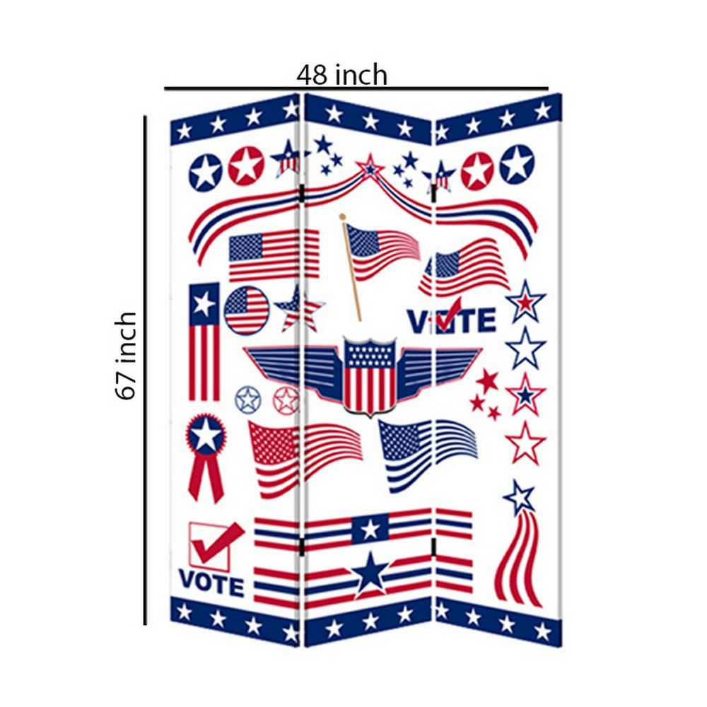 3 Panel American Flag Print Foldable Room Divider, Multicolor - BM26564