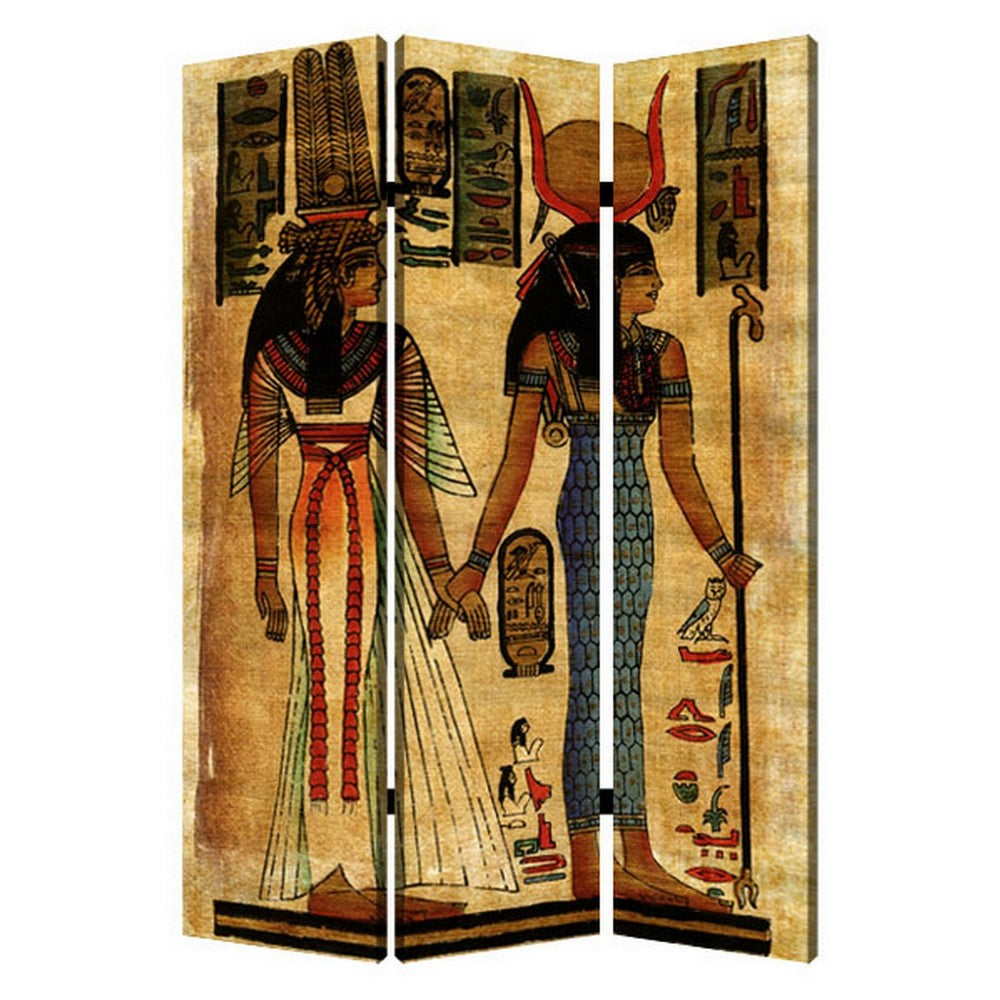 3 Panel Egyptian Safari Print Foldable Room Divider, Multicolor - BM26566