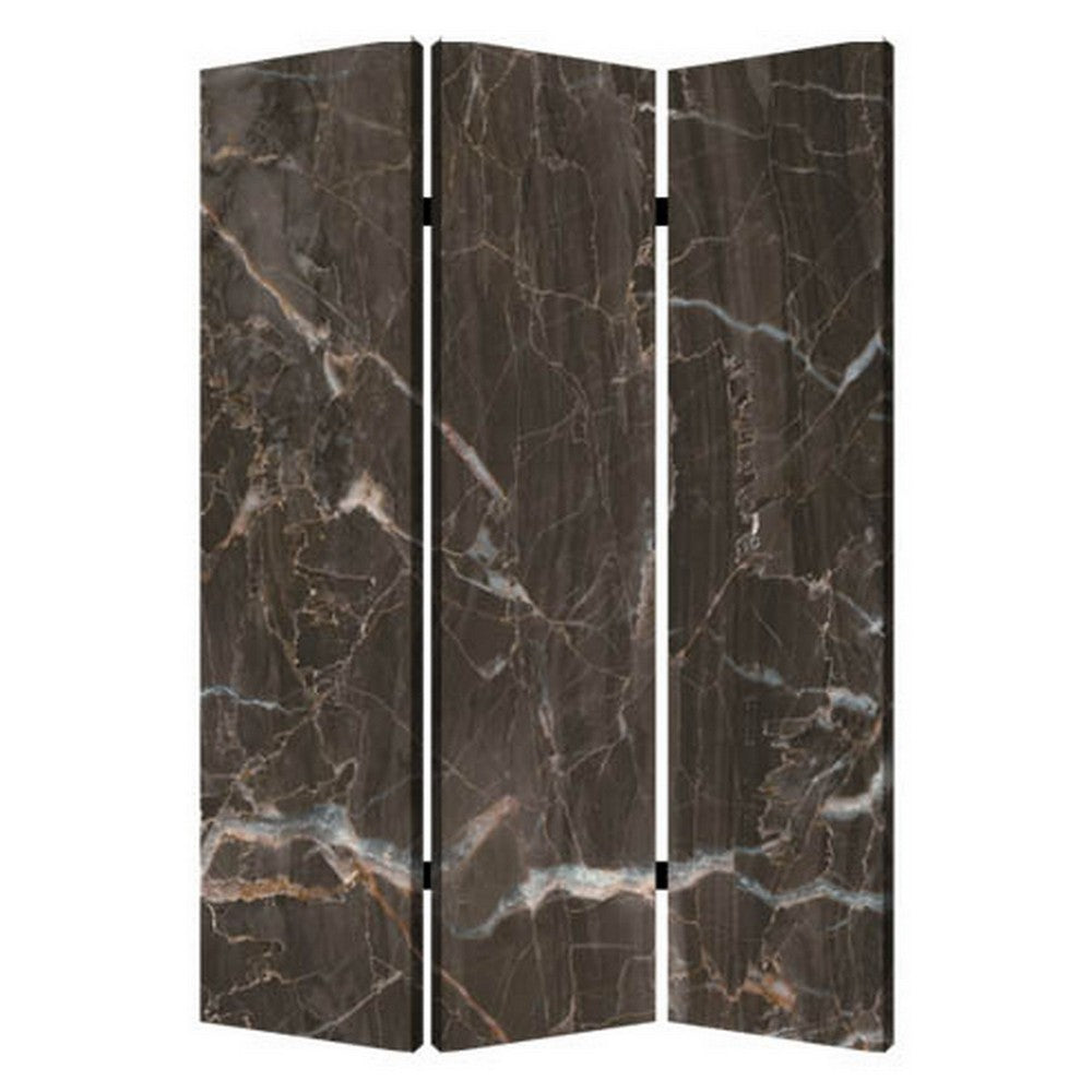 3 Panel Marble Print Canvas Room Divider, Dark Brown - BM26567