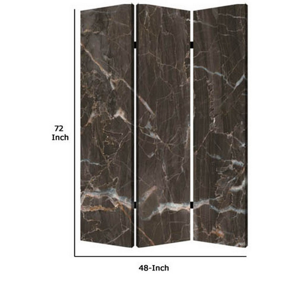 3 Panel Marble Print Canvas Room Divider, Dark Brown - BM26567