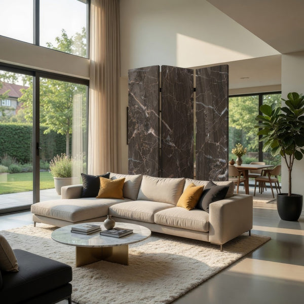 3 Panel Marble Print Canvas Room Divider, Dark Brown - BM26567