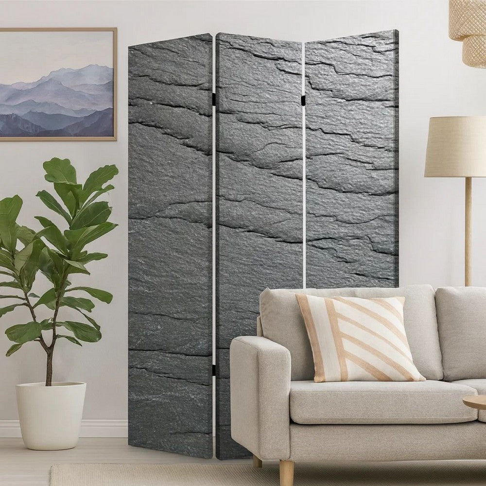 3 Panel Canvas and Metal Frame Room Divider, Slate Gray - BM26569