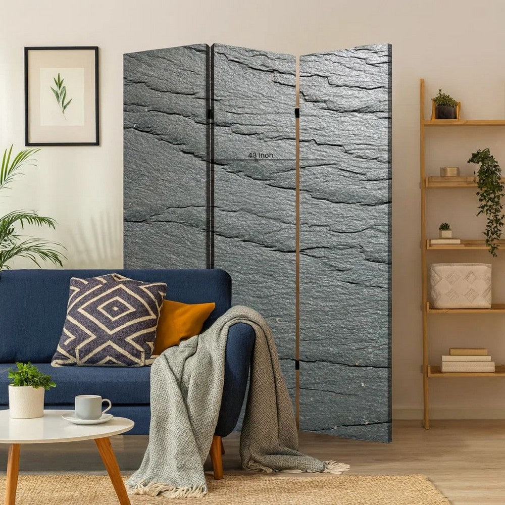 3 Panel Canvas and Metal Frame Room Divider, Slate Gray - BM26569