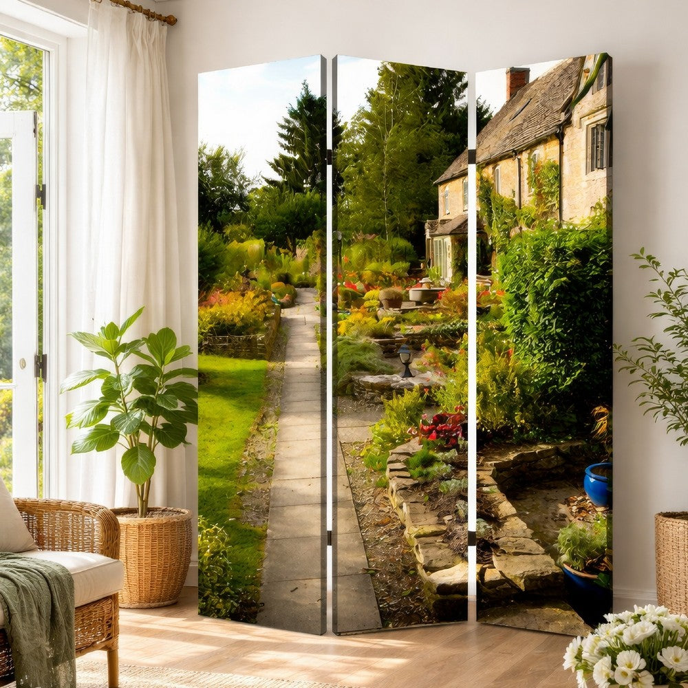 3 Panel Garden Print Canvas Room Divider, Multicolor - BM26570