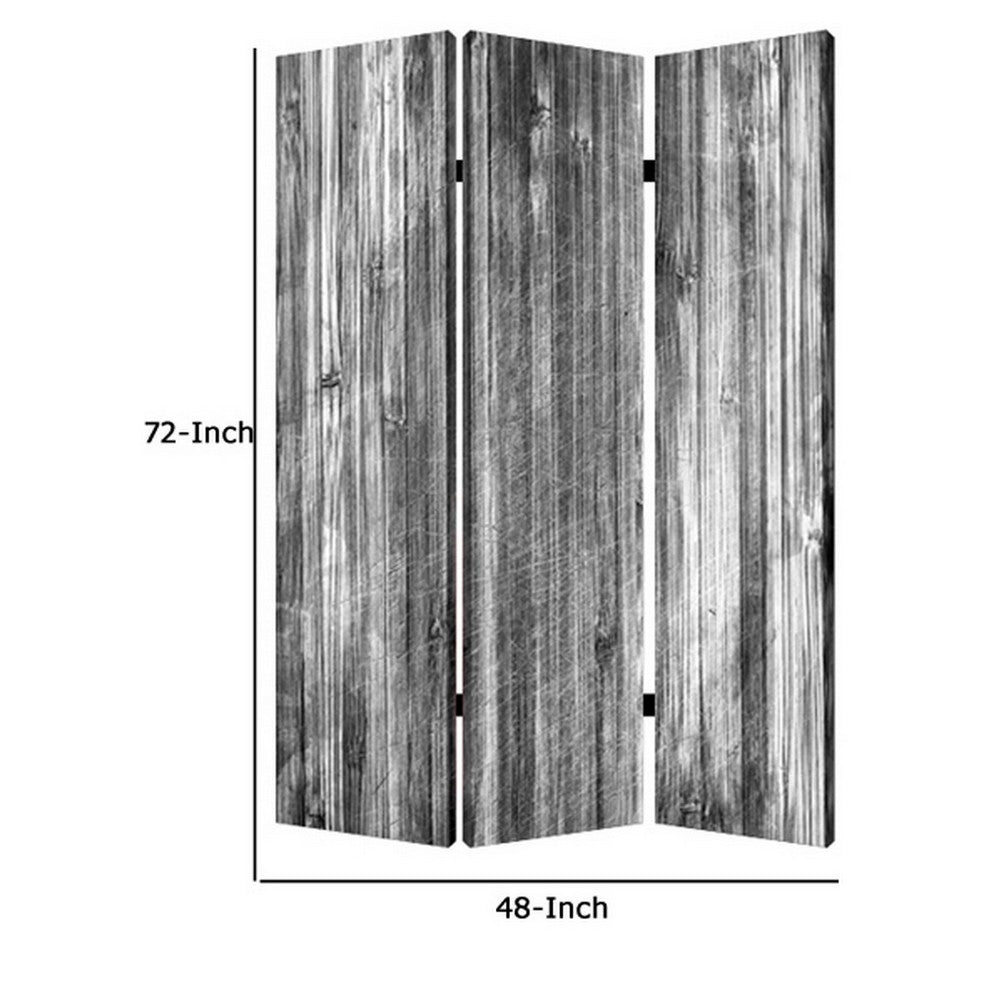 3 Panel Canvas Room Divider with Distressed Wood Print, Gray and Black - BM26571