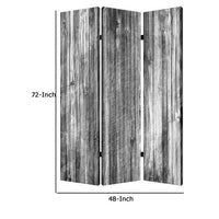 3 Panel Canvas Room Divider with Distressed Wood Print, Gray and Black - BM26571
