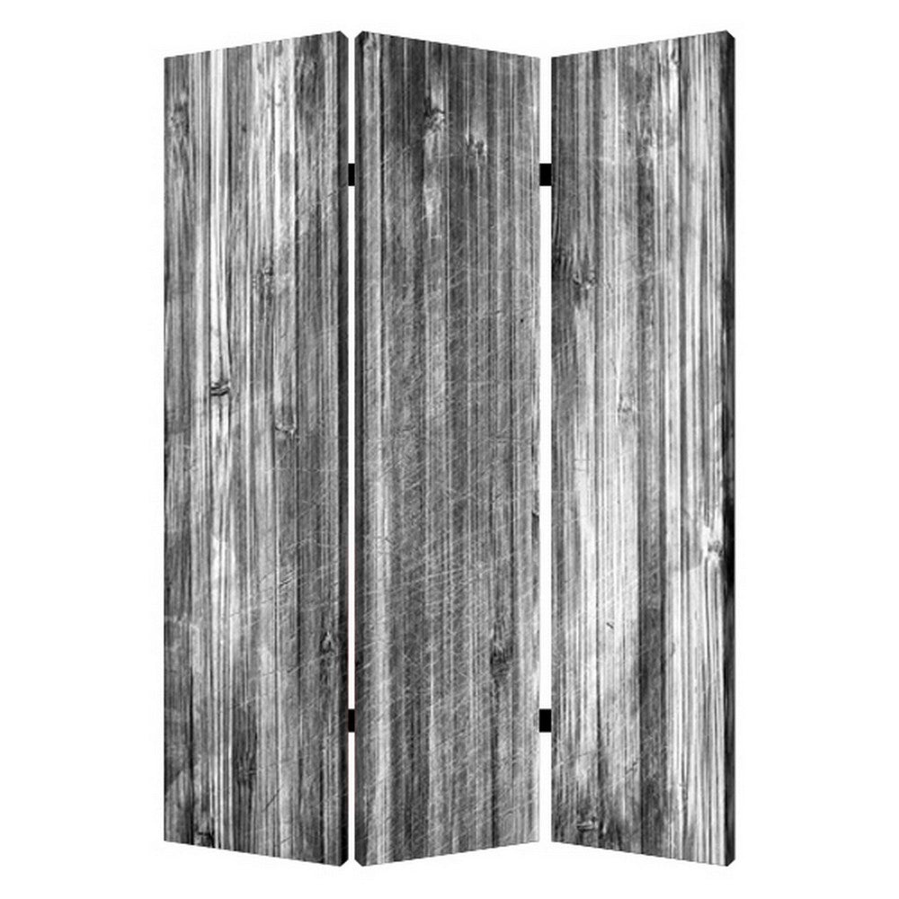 3 Panel Canvas Room Divider with Distressed Wood Print, Gray and Black - BM26571