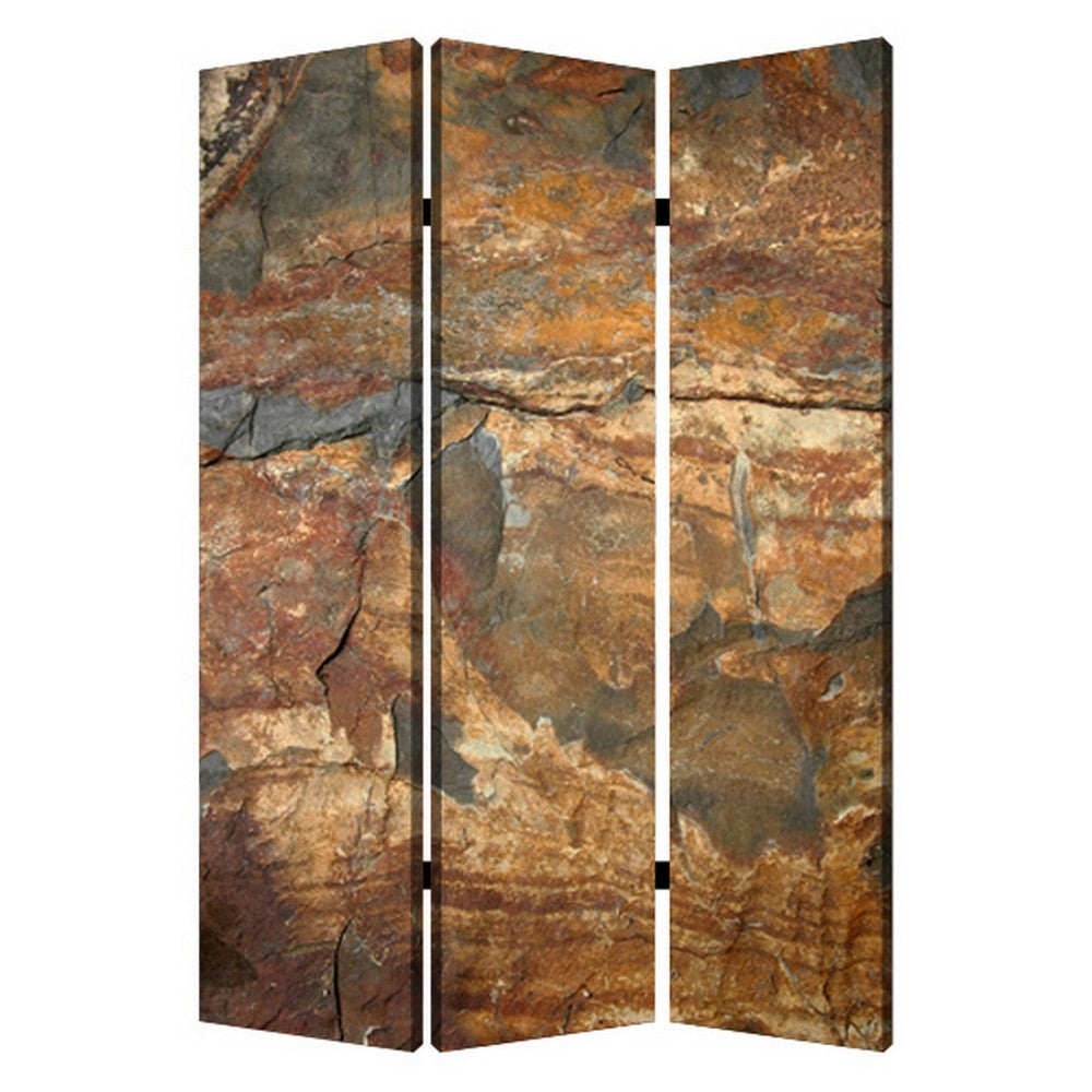 3 Panel Canvas and Metal Frame Room Divider, Slate Brown - BM26572