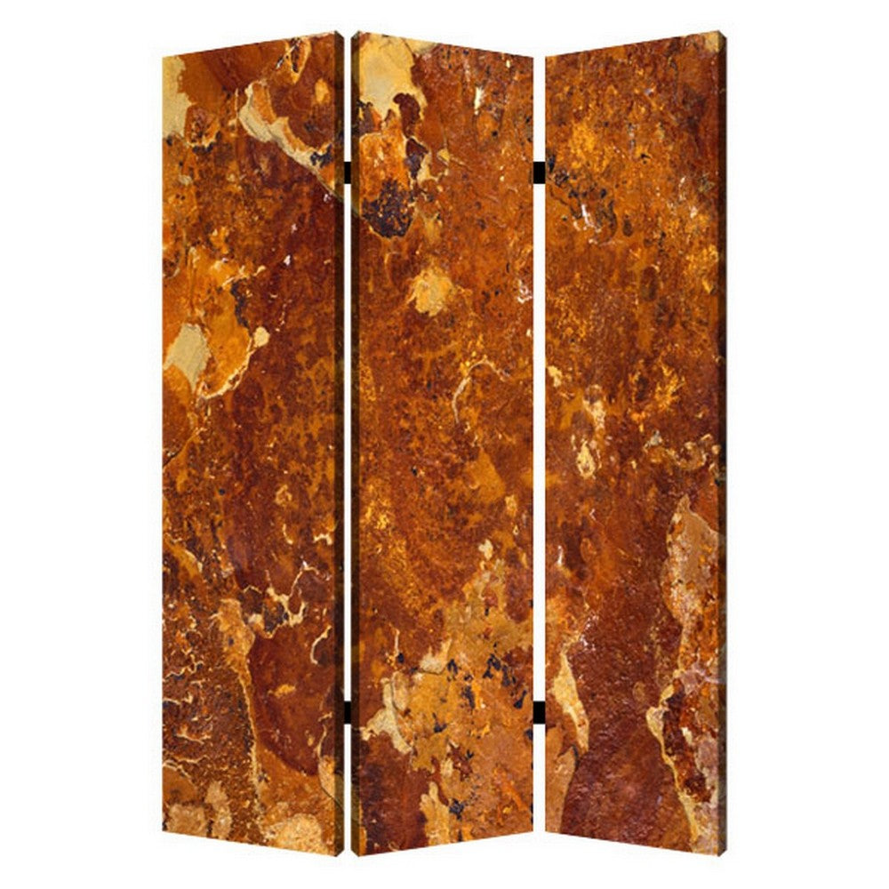 3 Panel Marble Print Foldable Canvas Room Divider, Brown - BM26573