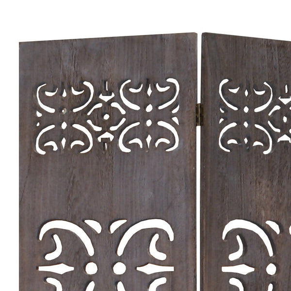 3 Panel Shinto Cut Out Design Foldable Room Divider, Brown - BM26575
