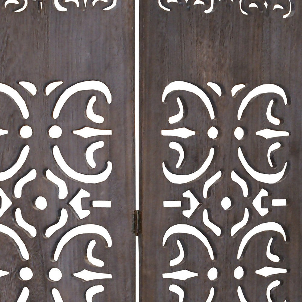 3 Panel Shinto Cut Out Design Foldable Room Divider, Brown - BM26575