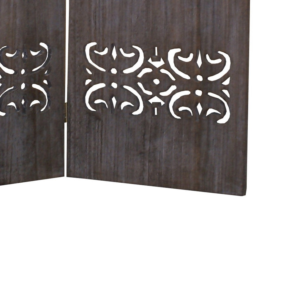 3 Panel Shinto Cut Out Design Foldable Room Divider, Brown - BM26575