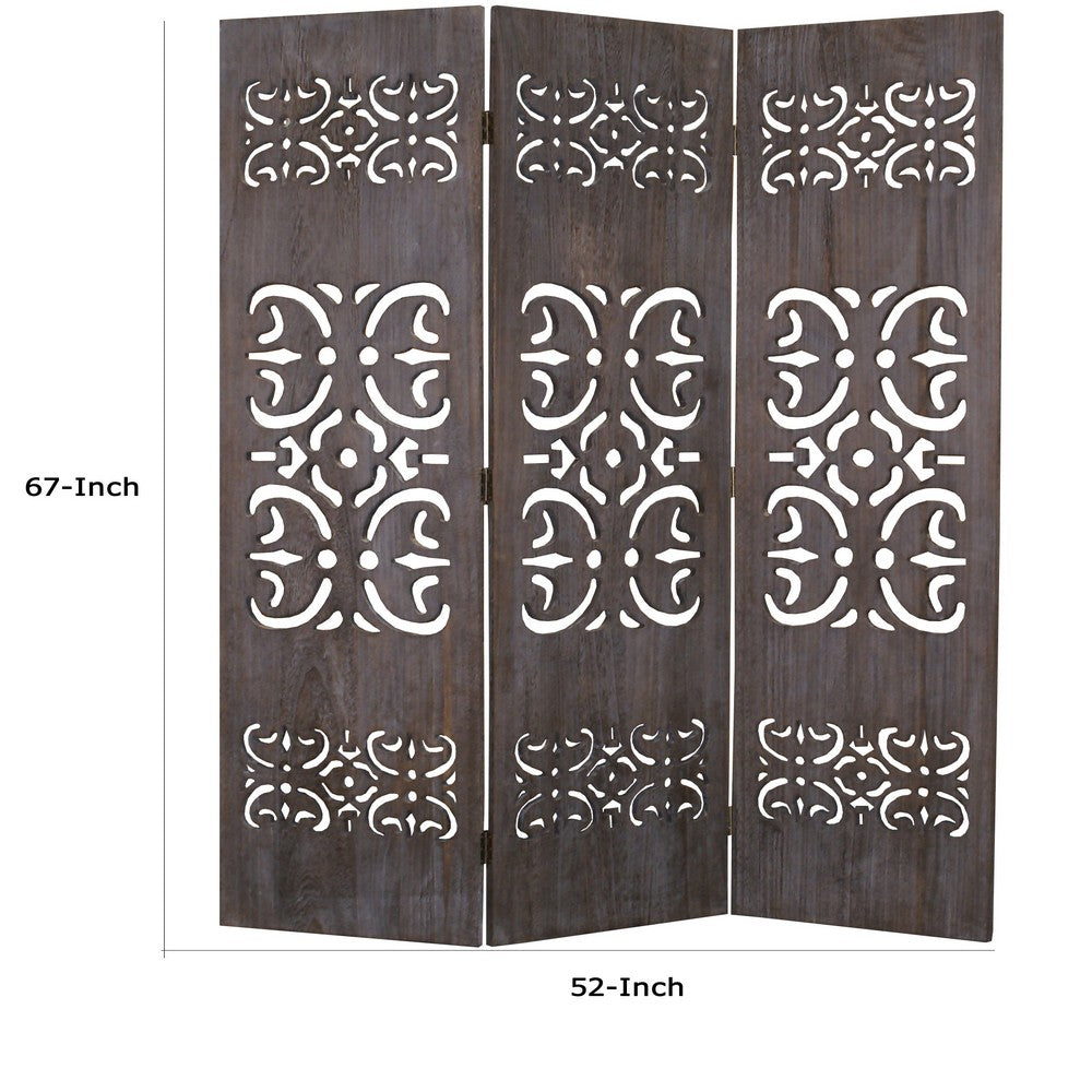 3 Panel Shinto Cut Out Design Foldable Room Divider, Brown - BM26575