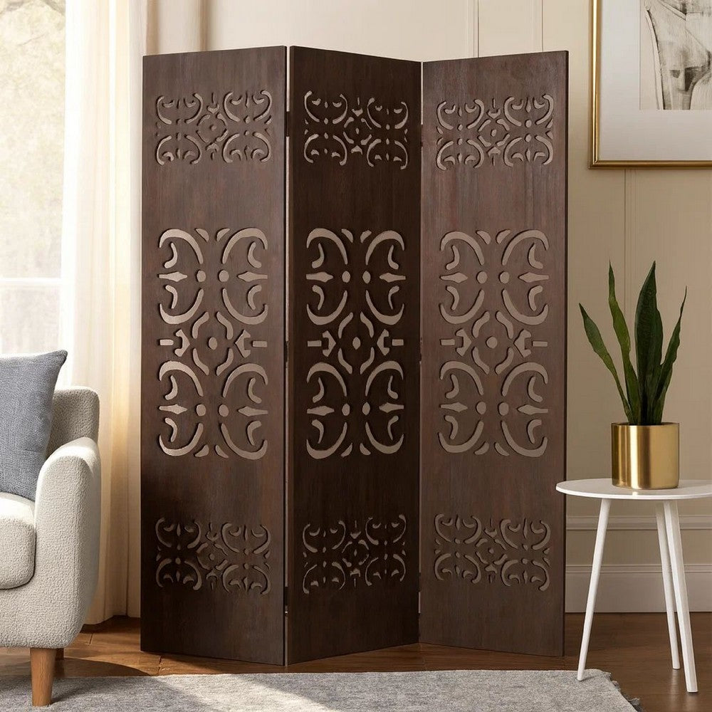 3 Panel Shinto Cut Out Design Foldable Room Divider, Brown - BM26575