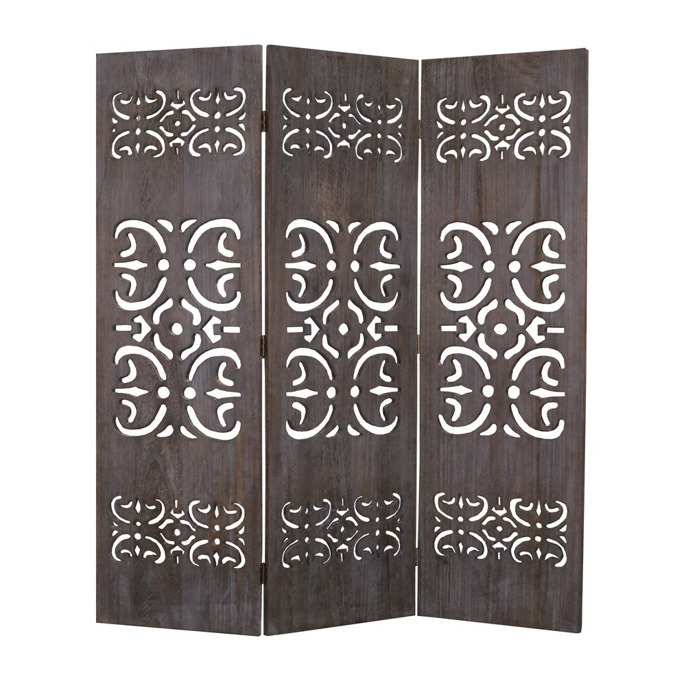 3 Panel Shinto Cut Out Design Foldable Room Divider, Brown - BM26575