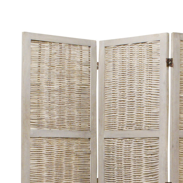 Cottage Style 3 Panel Room Divider with Willow Weaving, Gray - BM26577
