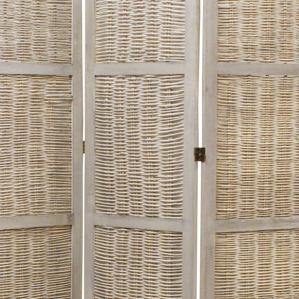 Cottage Style 3 Panel Room Divider with Willow Weaving, Gray - BM26577