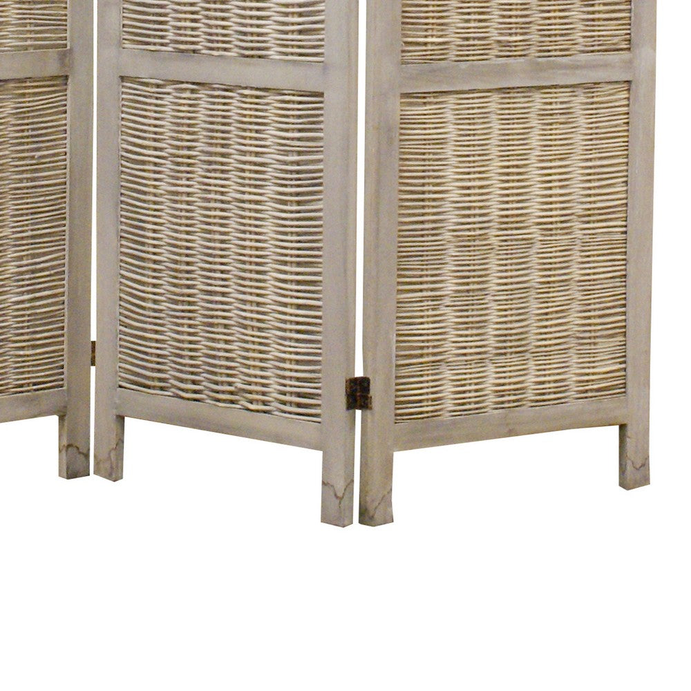 Cottage Style 3 Panel Room Divider with Willow Weaving, Gray - BM26577