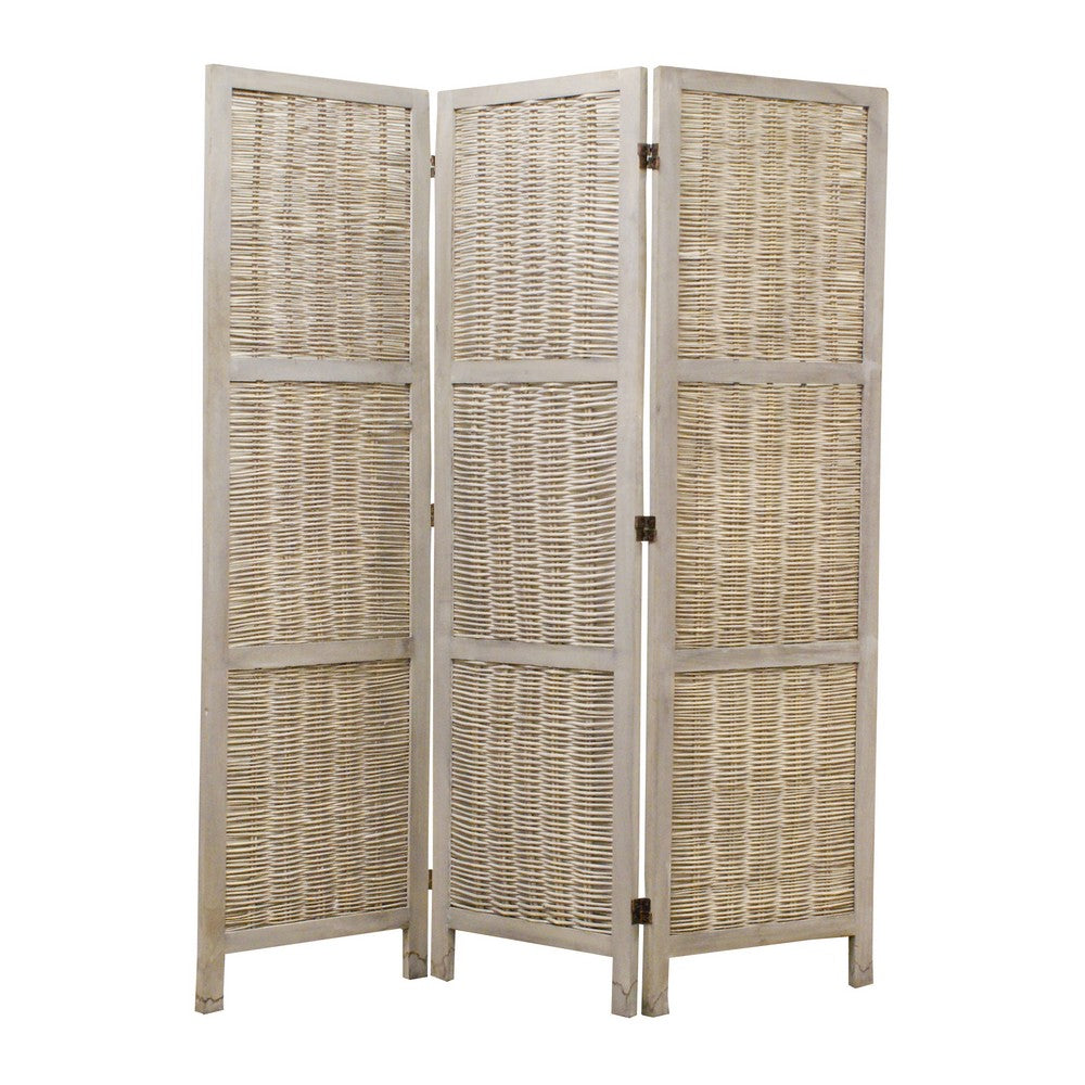 Cottage Style 3 Panel Room Divider with Willow Weaving, Gray - BM26577