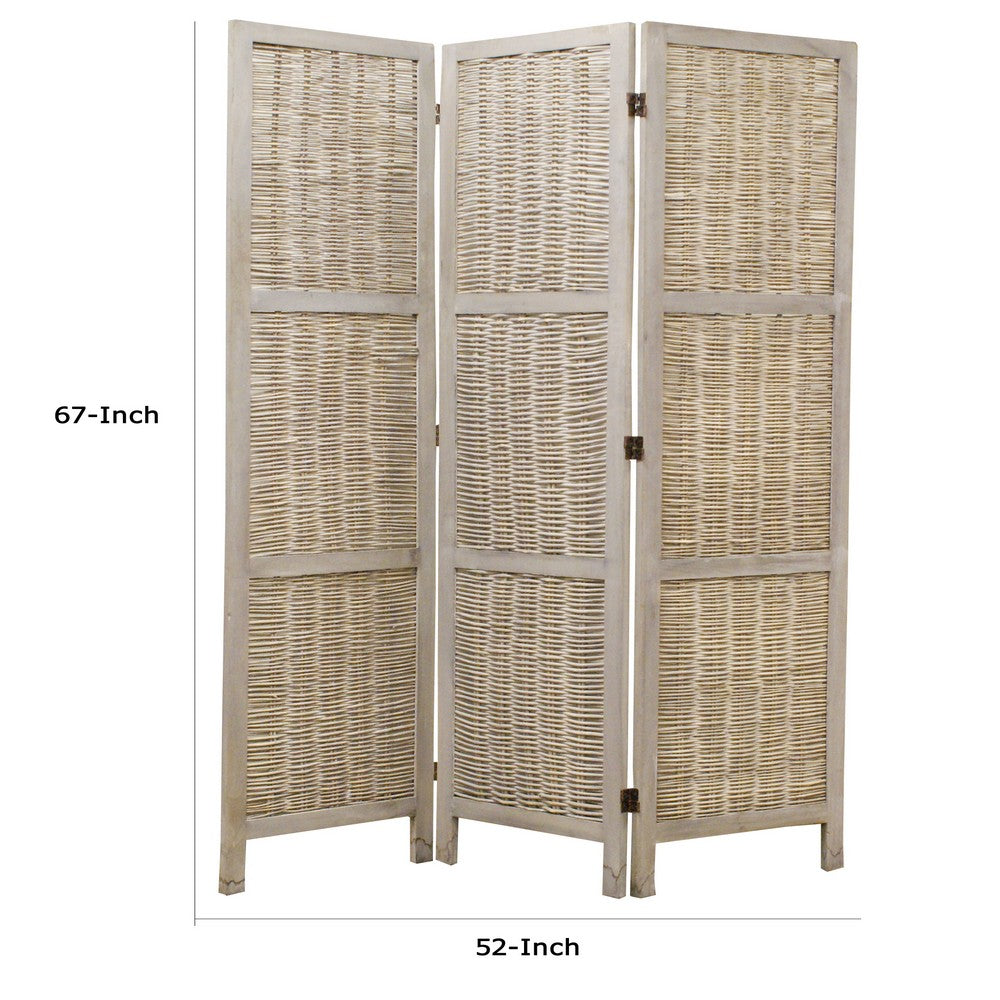 Cottage Style 3 Panel Room Divider with Willow Weaving, Gray - BM26577
