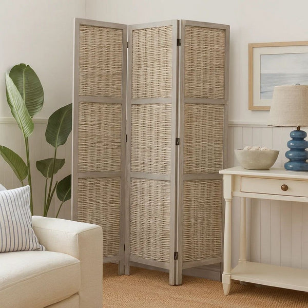 Cottage Style 3 Panel Room Divider with Willow Weaving, Gray - BM26577