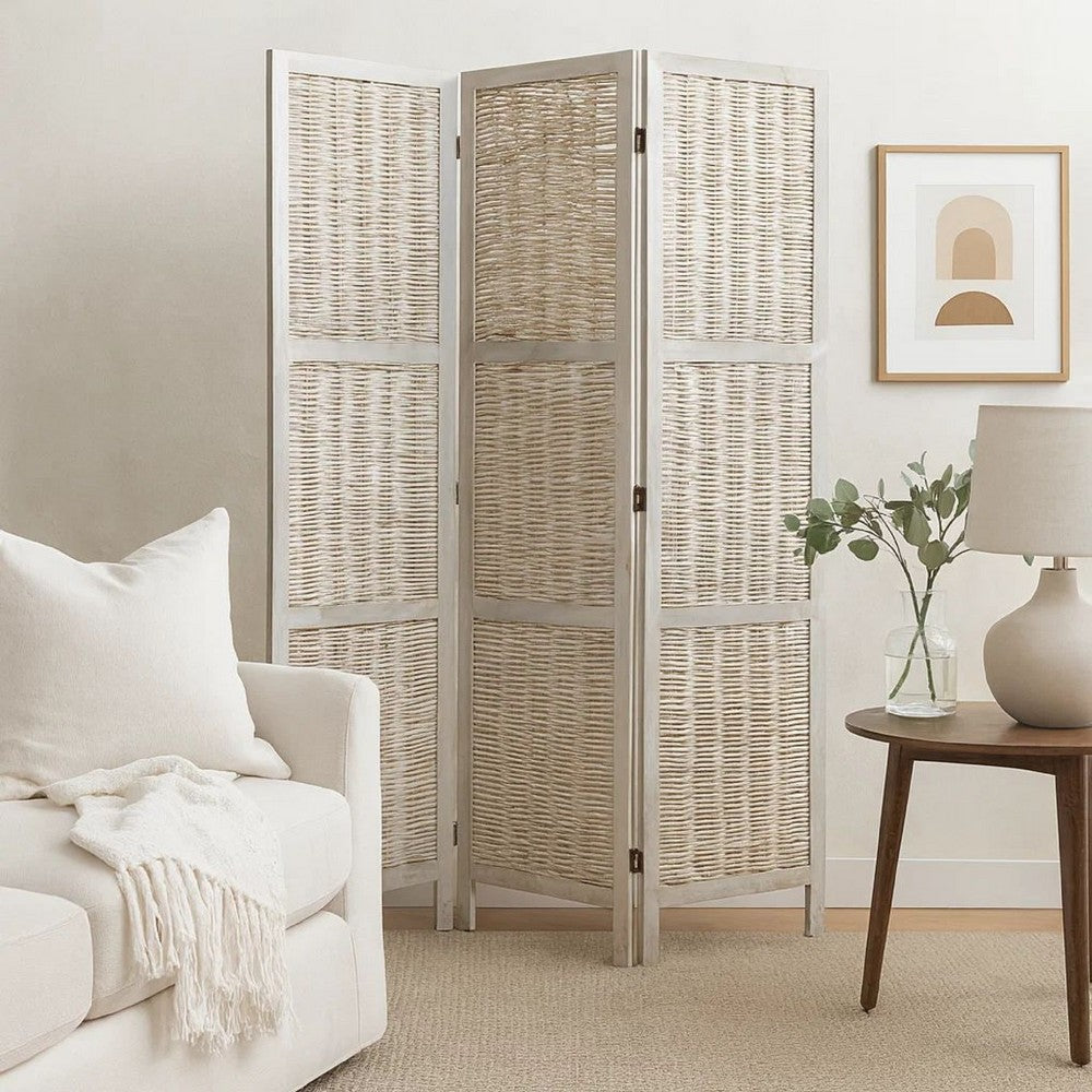 Cottage Style 3 Panel Room Divider with Willow Weaving, Gray - BM26577