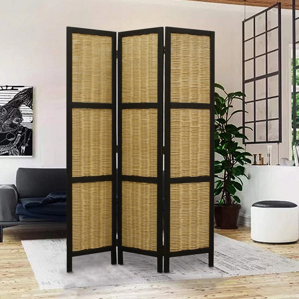 Cottage Style 3 Panel Room Divider with Willow Weaving, Black and Brown - BM26578