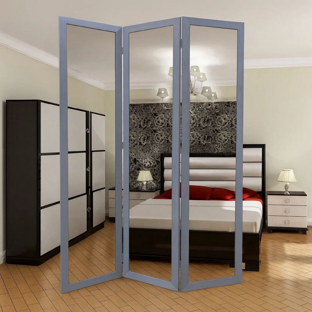 3 Panel Wooden Foldable Mirror Encasing Room Divider,Light Gray and Silver - BM26591