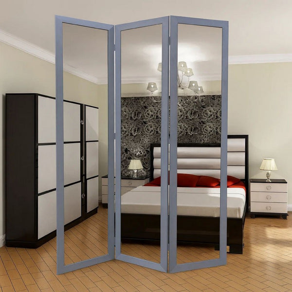 3 Panel Wooden Foldable Mirror Encasing Room Divider,Light Gray and Silver - BM26591
