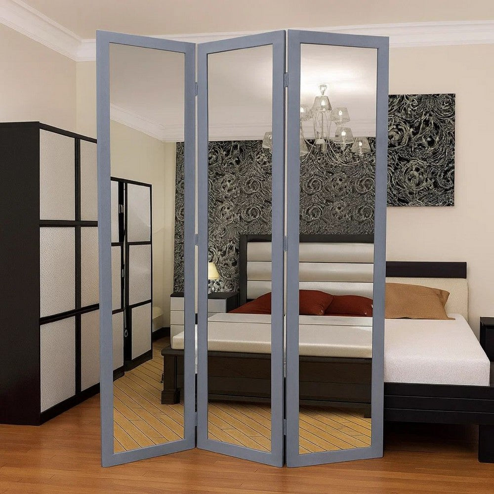 3 Panel Wooden Foldable Mirror Encasing Room Divider,Light Gray and Silver - BM26591