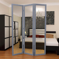 3 Panel Wooden Foldable Mirror Encasing Room Divider,Light Gray and Silver - BM26591