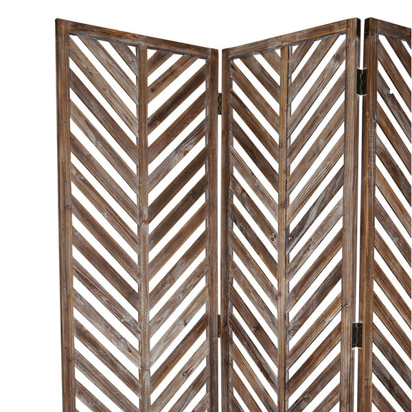 3 Panel Foldable Wooden Screen with Herringbone Pattern, Brown - BM26598
