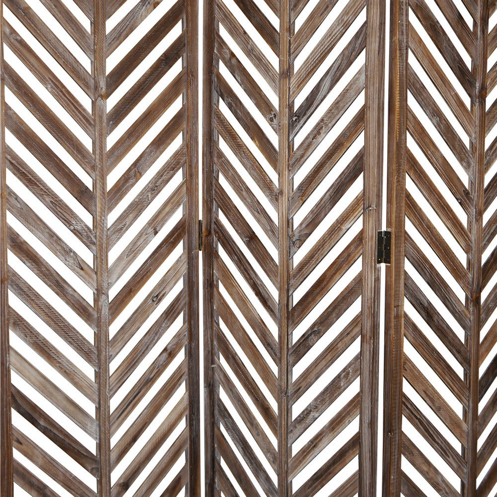 3 Panel Foldable Wooden Screen with Herringbone Pattern, Brown - BM26598