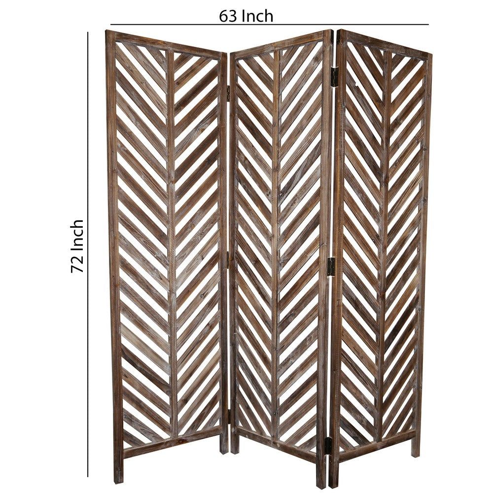 3 Panel Foldable Wooden Screen with Herringbone Pattern, Brown - BM26598