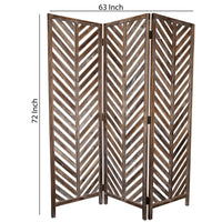 3 Panel Foldable Wooden Screen with Herringbone Pattern, Brown - BM26598