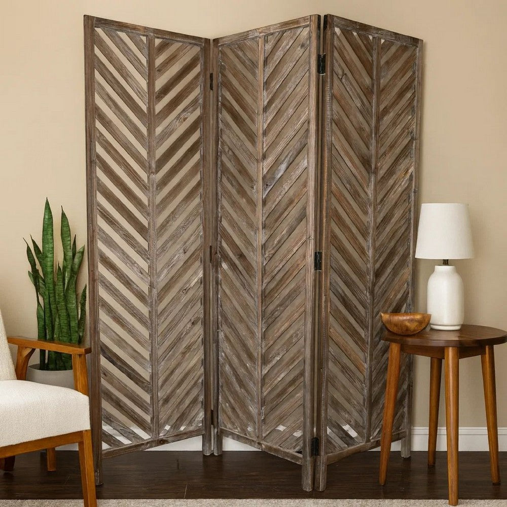 3 Panel Foldable Wooden Screen with Herringbone Pattern, Brown - BM26598