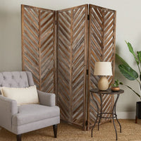 3 Panel Foldable Wooden Screen with Herringbone Pattern, Brown - BM26598