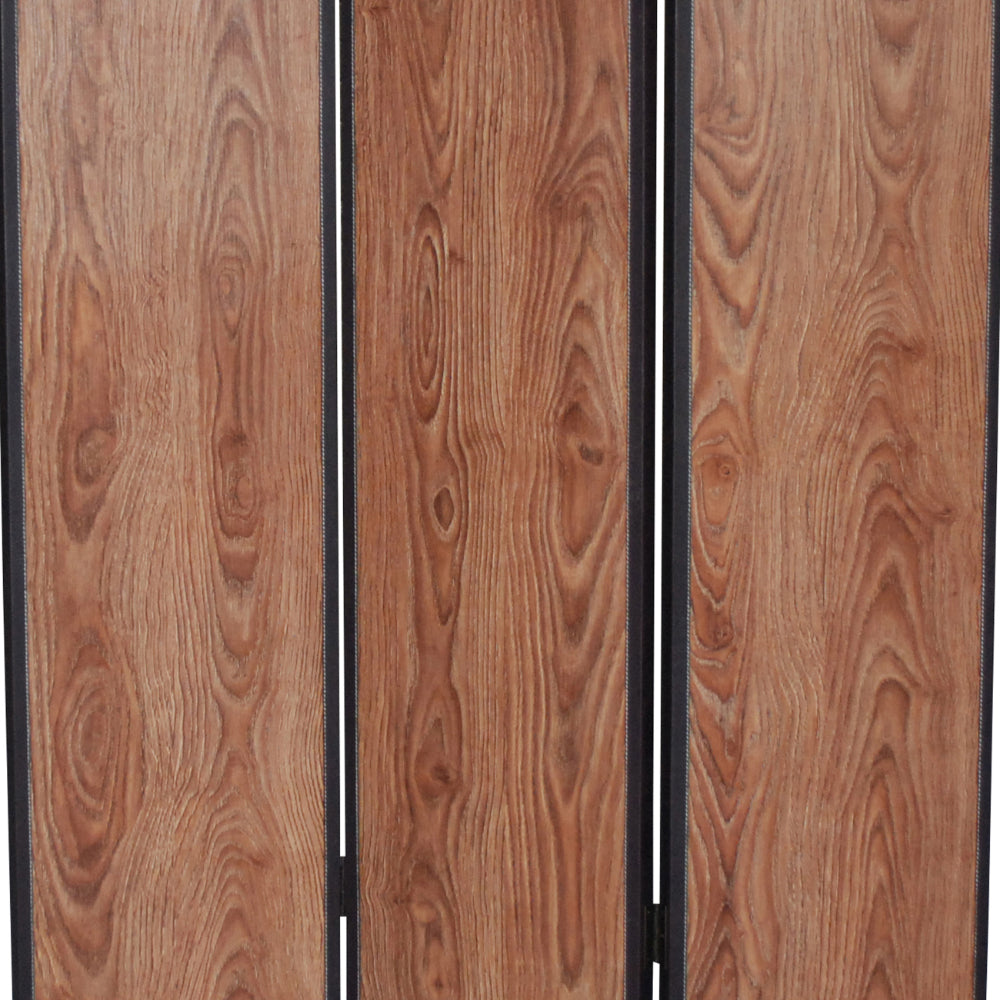 3 Panel Foldable Wooden Screen with Grain Details, Brown - BM26601