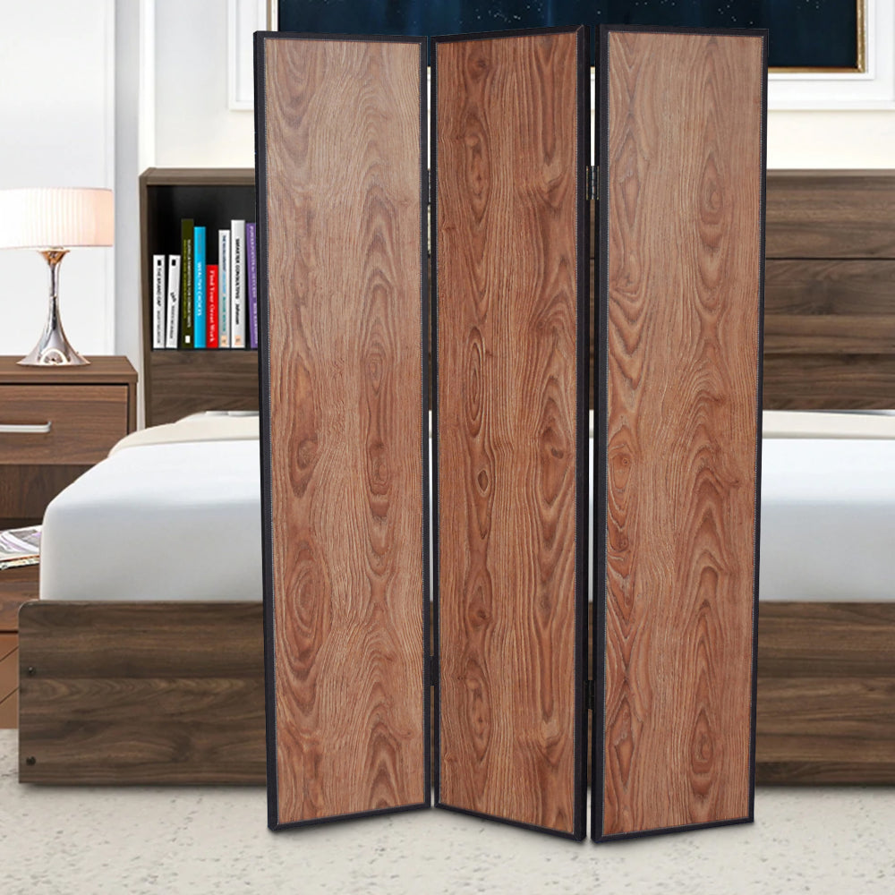 3 Panel Foldable Wooden Screen with Grain Details, Brown - BM26601