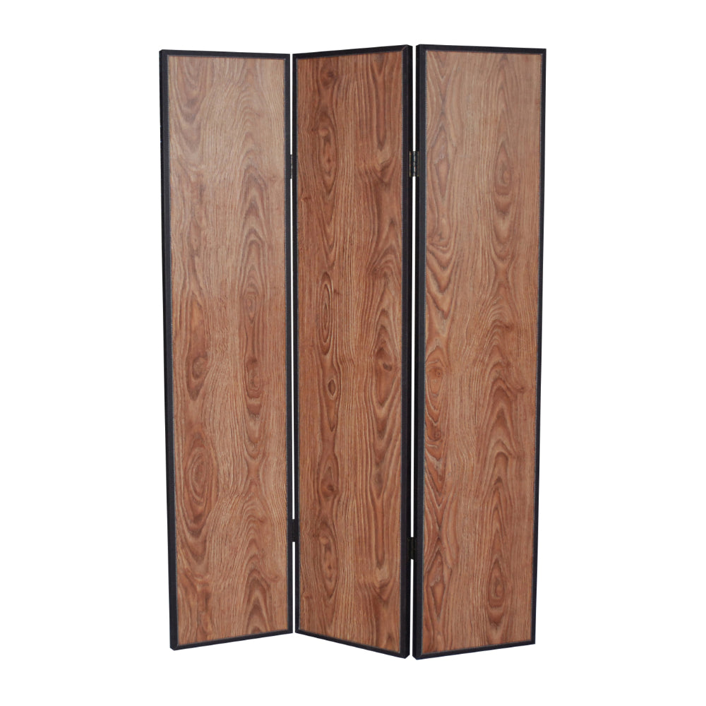 3 Panel Foldable Wooden Screen with Grain Details, Brown - BM26601