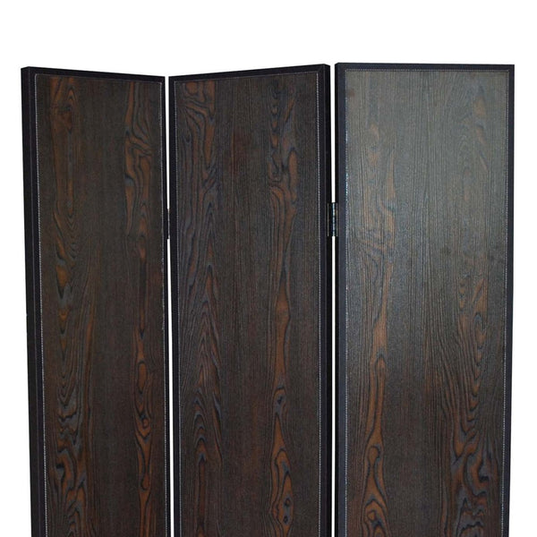 3 Panel Foldable Wooden Screen with Grain Details, Dark Brown - BM26602